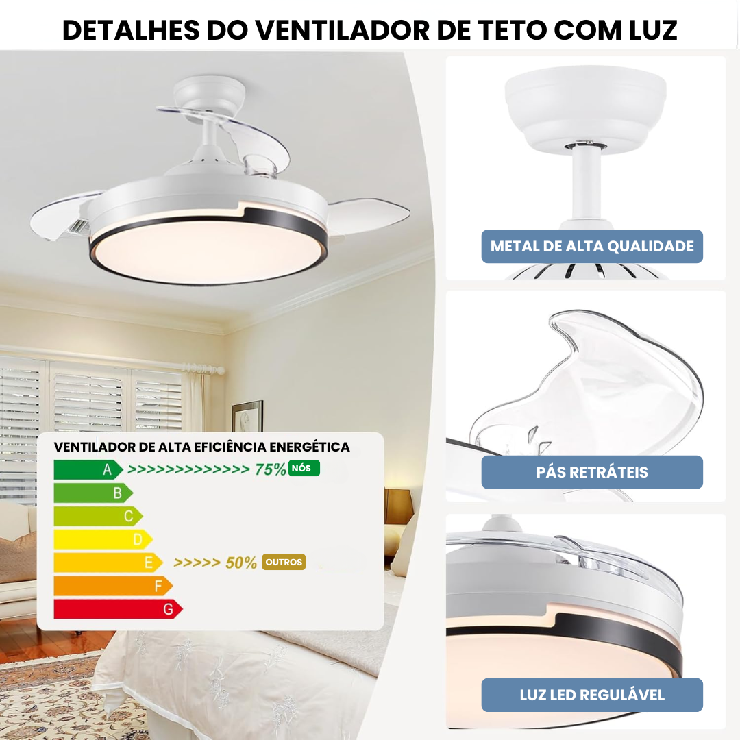 Ventoinha de Teto Retrátil com Luz Regulável